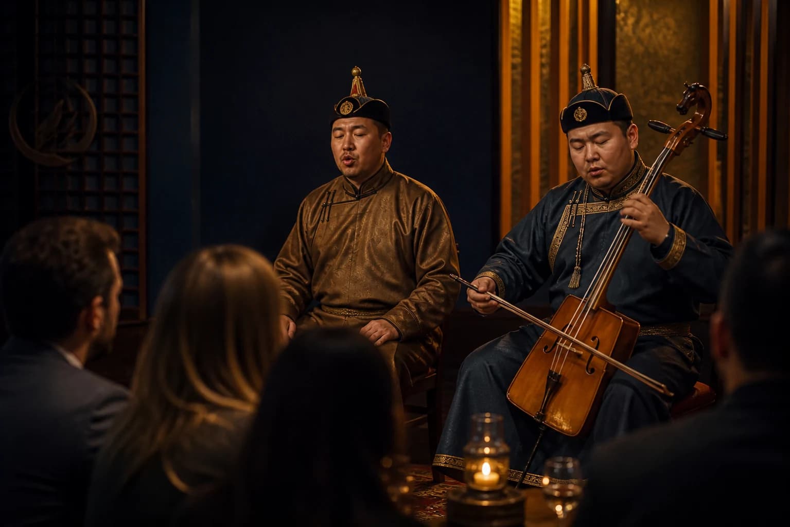 Mongolian musicians performing Morin Khuur and Khöömei for guests