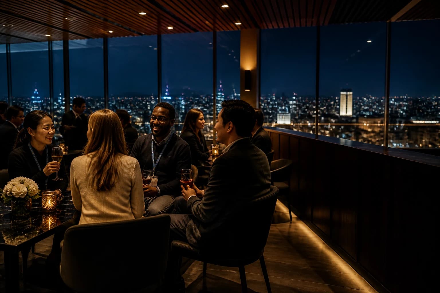 International delegates networking in a Ulaanbaatar rooftop lounge