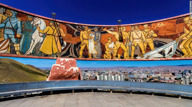 Zaisan Memorial mosaic above a daytime panorama of Ulaanbaatar